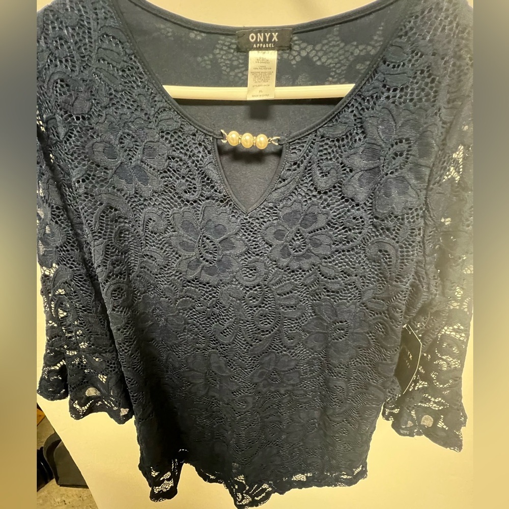 ONYX APPAREL NITE BLOUSE SIZE XL NAVY LACE OVERLAY W/SHEER LACE 3/4 SLEEVES - Picture 6 of 10